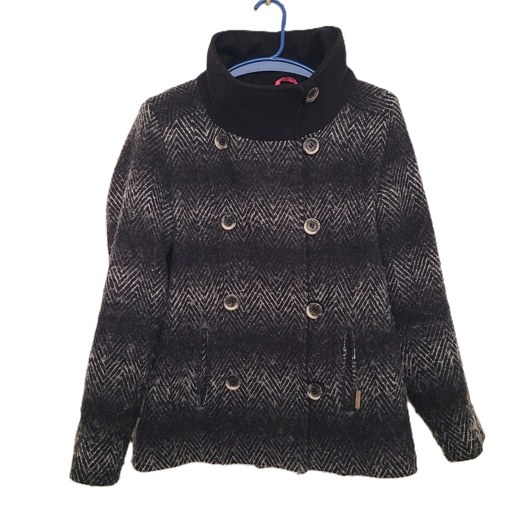 Powder River‎ Y2K Retro Black Wool Blend Pea Coat MEDIUM Quiet Luxury Mock Neck
